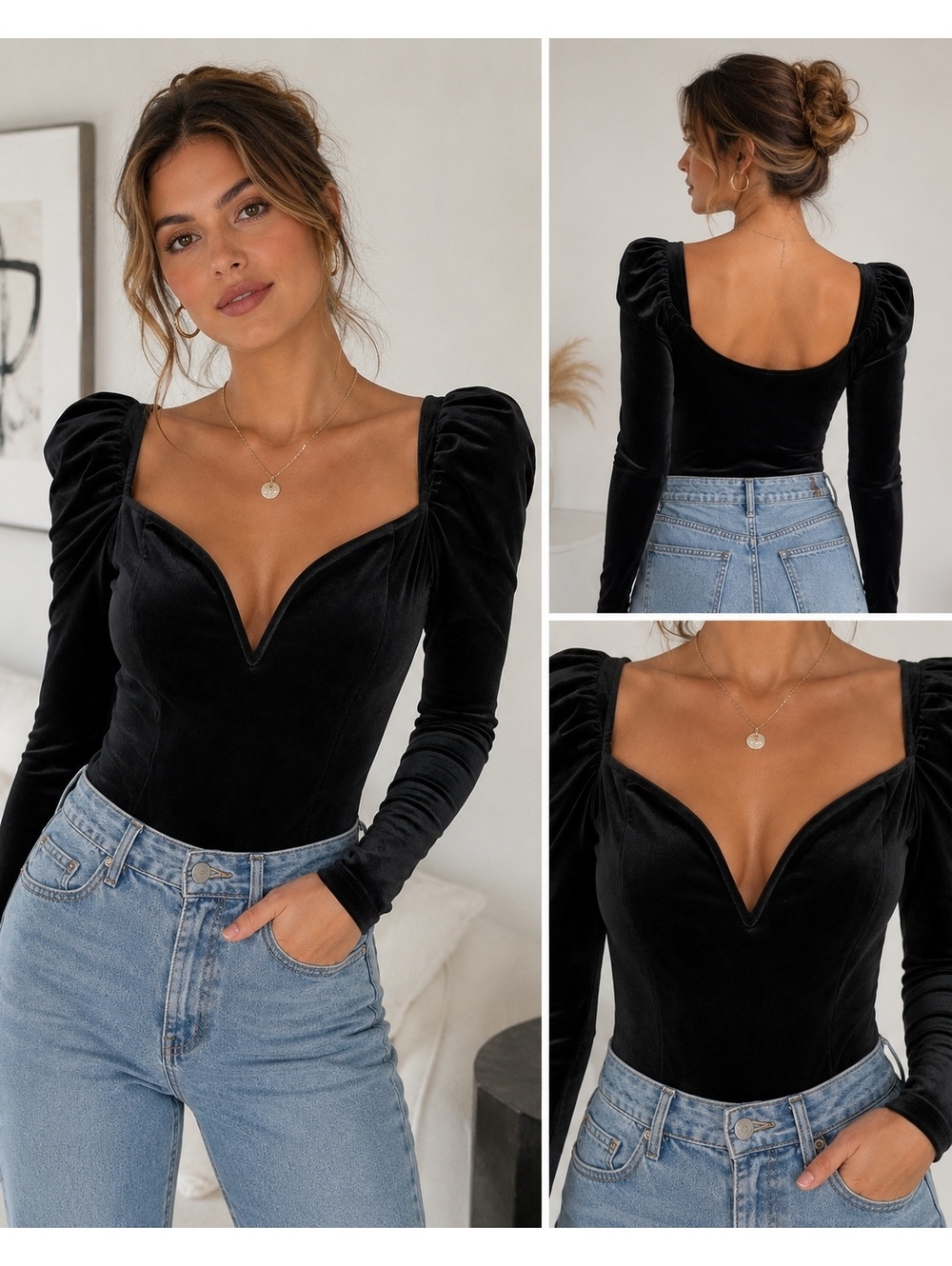 Black Long Sleeve Puff Shoulder Bodysuit by HYFVE, Size Small